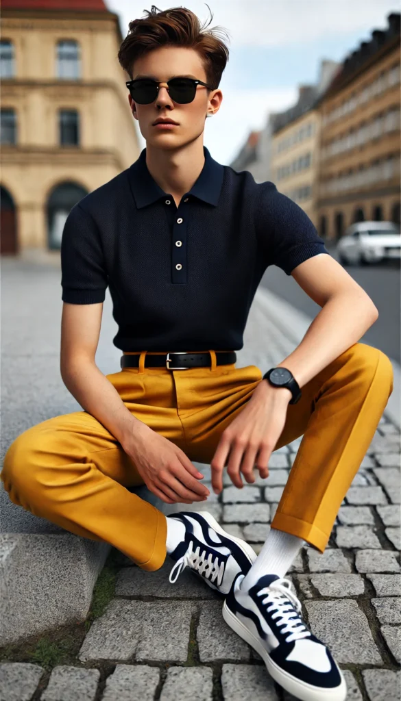 DALL·E 2024 10 31 08.12.28 A stylish young person wearing a casual smart outfit in navy blue and mustard yellow. They are dressed in mustard yellow chinos paired with a navy blu